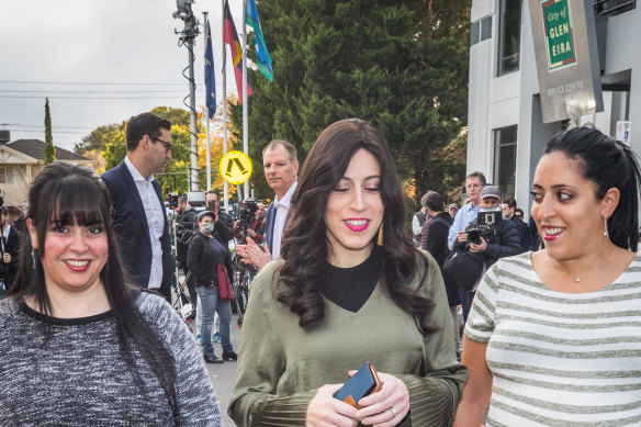 Alleged vicims Elly Sapper, Dassi Erlich and Nicole Meyer arrive at a press conference after the news that an extradition hearing date had been set for alleged sexual abuser Malka Leifer.