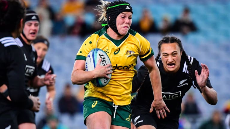 Worn with pride: Emily Chancellor in the Wallaroos jersey during Australia's clash with the Black Ferns in August. 