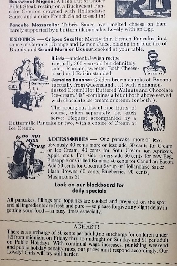 A Pancakes on the Rocks menu from 1979 shows weekend and public holiday surcharges. Anthony Albanese worked at the restaurant while at university.
