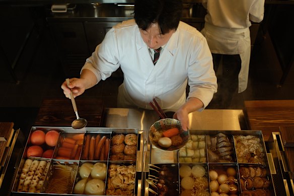 At Oden, diners are encouraged to build a bowl from two or three elements – perhaps translucent shirataki noodles, house-made prawn balls flecked with edamame and tobiko (flying fish roe), and abalone.