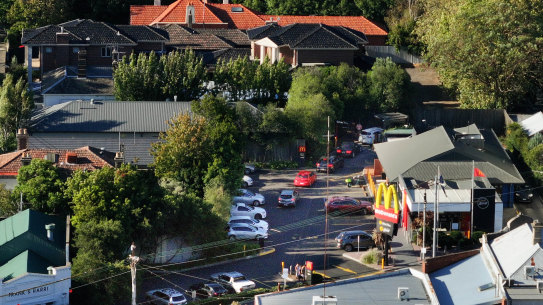 The McDonaldd’s drive-through in Kew and the surrounding houses.