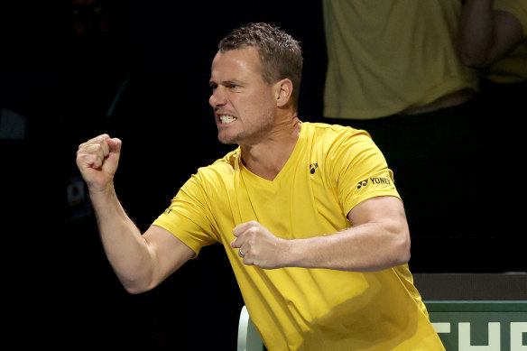 This page: Lleyton Hewitt cheers on his team at the 2023 Davis Cup.