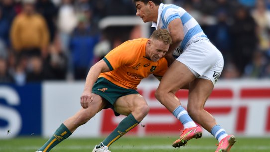 Argentina’s Santiago Carreras is tackled by Reece Hodge in Mendoza.