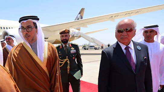 Iraq’s Foreign Minister Fuad Hussein, right, welcomes Emirati Vice President and Deputy Prime Minister Sheikh Mansour bin Zayed al-Nahyan as he arrives in Baghdad ahead of the Arab League summit on in May.
