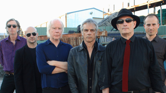 Radio Birdman today, from left: Jim Dickson (bass), Dave Kettley (guitar), Rob Younger (vocals), Deniz Tek (guitar), Pip Hoyle (keyboards), Nik Reith (drums).