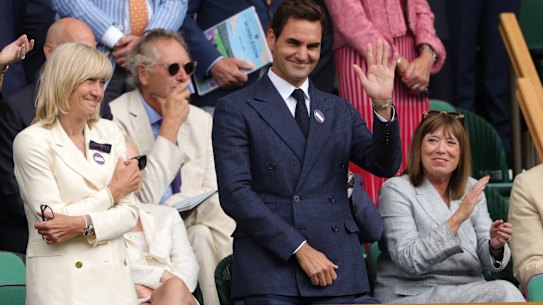 Swiss tennis great Roger Federer, who retired from professional tennis in 2022, waves to the crowd.