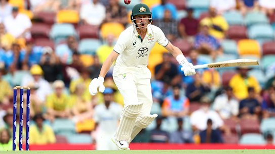 Marnus Labuschagne on the famous wicket at November’s Gabba Test against India.