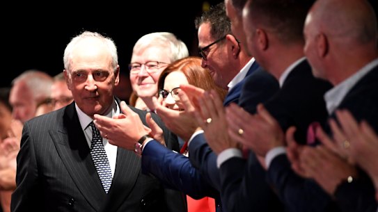 Former prime minister Paul Keating arrives at the Labor campaign launch.