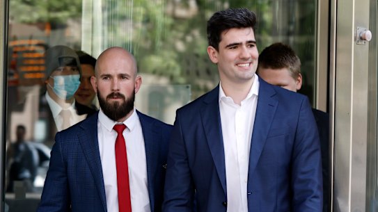 Thomas Sewell and Jacob Hersant outside the Melbourne County Court last Friday.