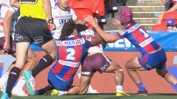 Dom Young is pinged for a hip drop tackle.