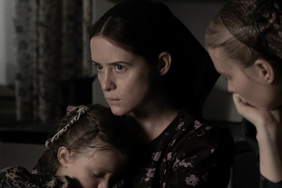 Emily Mitchell (left), Claire Foy and Rooney Mara in Women Talking. 