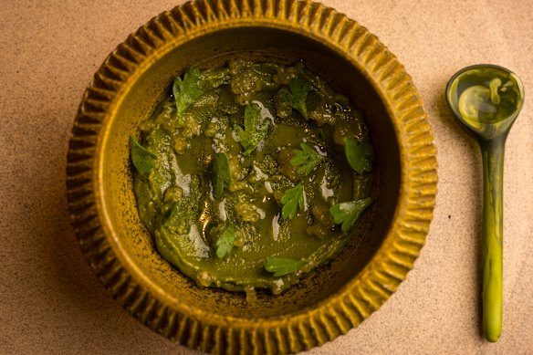 Sea parsley, finger lime and olive oil sorbet.