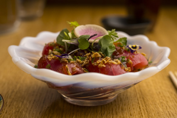 Tuna sashimi with onion soy sauce.