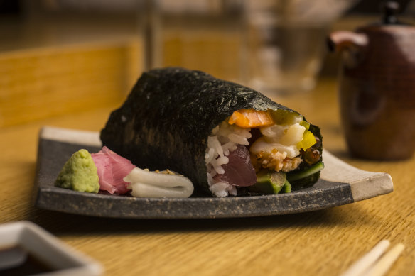 The “CholesteRoll” comes filled with monkfish liver, tuna, salmon roe, chives and truffle paste