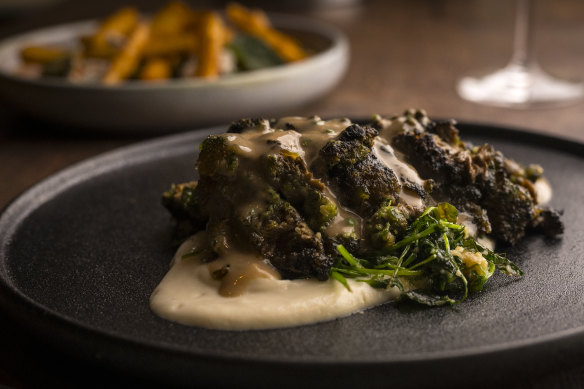 The steak-like lion’s mane mushroom dish.