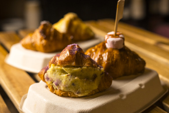 Mini croissants with various fillings, including sweet potato and marshmallow.