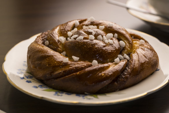 A cinnamon-and-cardamom bun with pearl sugar.