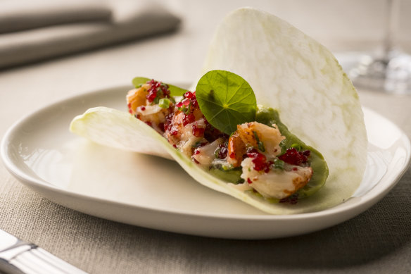 Lobster taco is dressed with lemongrass and tequila and wrapped in jicama.