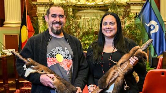 Co-chairs of the First Peoples’ Assembly Gunditjmara man Rueben Berg and Wamba Wamba, Yorta Yorta, Dhudhuuroa and Dja Dja Wurrung woman Ngarra Murray.