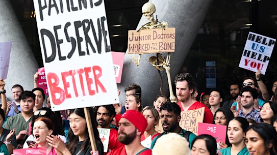 Doctors protest for more pay and better conditions outside NSW Health headquarters in St Leonards on Tuesday.