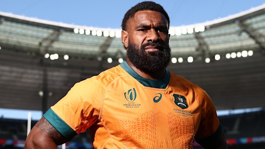 PARIS, FRANCE - SEPTEMBER 07: Marika Koroibete of the Wallabies poses ahead of the Rugby World Cup France 2023, at Stade de France on September 07, 2023 in Paris, France. (Photo by Chris Hyde/Getty Images)