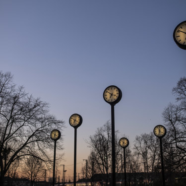 A clock art installation in DÃ¼sseldorf. Germany and Austria led the way with daylight saving as a wartime measure.