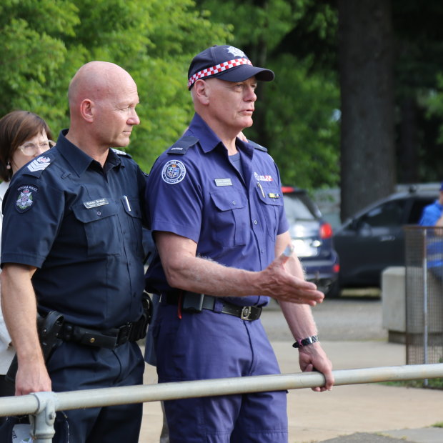 Local police commander Simon Brand and CFA captain Glenn Webster.