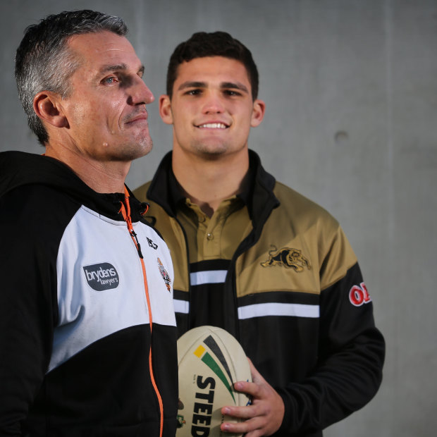 Family affair: Ivan and Nathan Cleary pose for photos ahead of their first match-up as father and son back in 2017.
