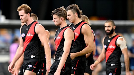 Essendon players take in their loss to Geelong on Sunday. 