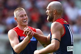 Spring in their step: Jacob van Rooyen and Max Gawn.