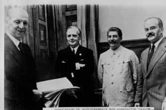 Nazi Germany and the Soviet Union signed a Non-Aggression Treaty, known as the Molotov-Ribbentrop Pact in 1939, which later set scene for the invasion of Poland. From left to right: F. Gaus, Joachim von Ribbentrop, Josef Stalin, Viachislav Molotov.