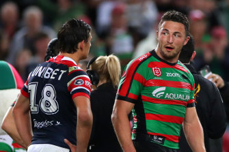 Sam Burgess and Roosters rookie Billy Smith exchange words.