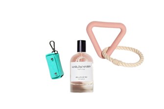 Poo bag holder; “Bellevue 162” pet perfume; Rubber dog toys. 