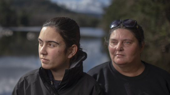 Gundungurra Traditional Owners Kazan Brown (right) and her daughter Taylor Clarke, on land that will be inundated by floodwater at Burnt Flat by the raising of the Warragamba Dam Wall. 