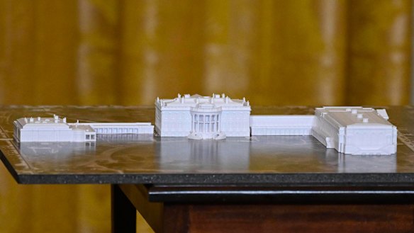 A 3D model of the new White House, with the planned ballroom on the right, as shown to donors.