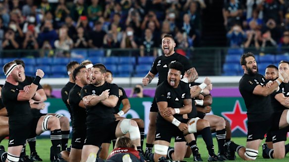 The All Blacks performing the haka in Japan at the World Cup.