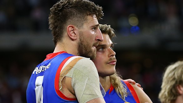 Western Bulldogs stars Marcus Bontempelli and Bailey Smith after the final siren.