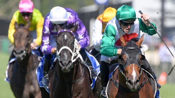 You beauty: Josh Parr salutes after Castelvecchio swoops down the outside in the Inglis Millennium. 