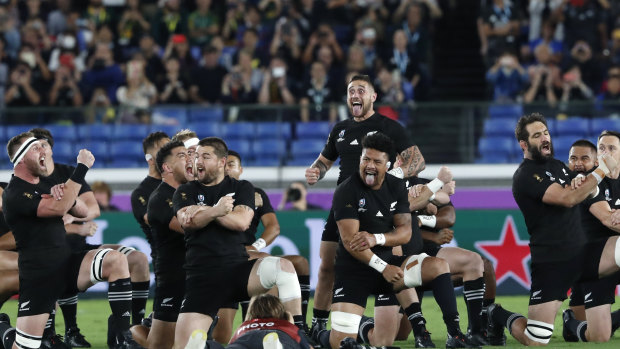 The All Blacks performing the haka in Japan at the World Cup.