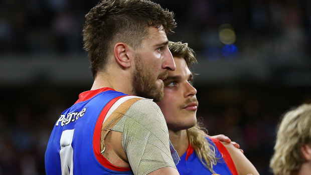 Western Bulldogs stars Marcus Bontempelli and Bailey Smith after the final siren.