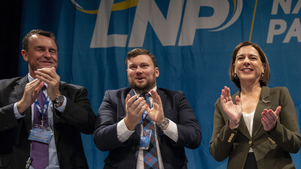 Outgoing LNP president Gary Spence, incoming acting president David Hutchinson and LNP leader Deb Frecklington at the Queensland LNP state convention.