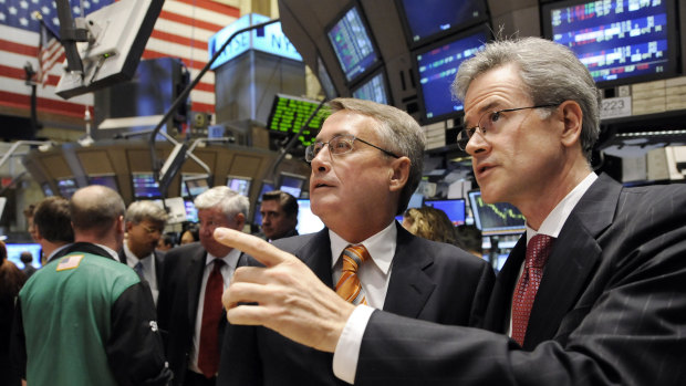 Wayne Swan with New York Stock Exchange vice-president Jeffrey Eubanks during his visit to the trading floor in 2008.