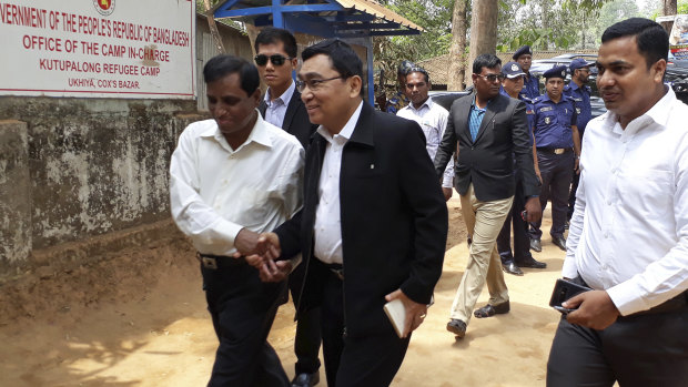 Myanmar’s Social Welfare, Relief and Resettlement Minister Win Myat Aye arrives at Kutupalong refugee camp in Cox's Bazaar on Wednesday.