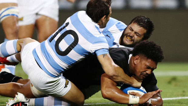 Ardie Savea breaks the shackles for the All Blacks with the first try against Argentina in the second half in Newcastle.