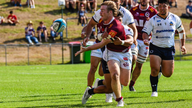 Harry McLaughlin-Phillips, pictured taking on the Saitama Wild Knights, has earned his first Super Rugby Pacific start against the Rebels.