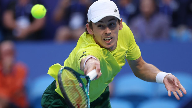 Alex de Minaur on his way to beating Novak Djokovic in straight sets at the United Cup in Perth.