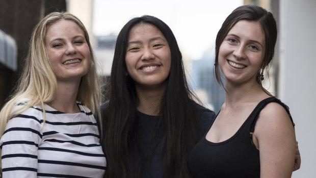 Heading for Nepal: (from left) Indigo Axford, 18, Michelle Yu, 18, and Phoebe Gray, 17.