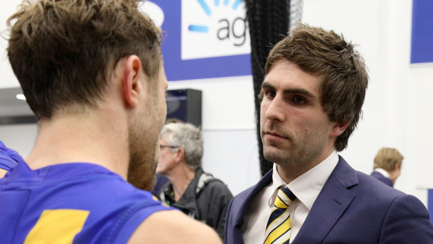 Andrew Gaff chats with Mark Hutchings after one of West Coast's finals wins.