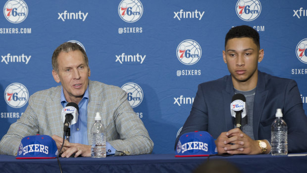 Ben Simmons, right, takes part in a news conference with 76ers president of basketball operations Bryan Colangelo in 2016.