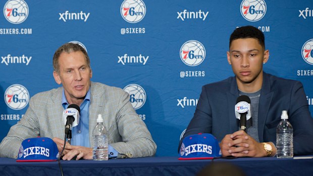 Ben Simmons, right, takes part in a news conference with 76ers president of basketball operations Bryan Colangelo in 2016.